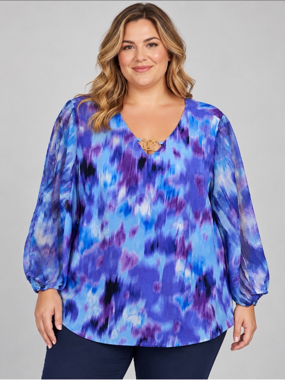 Plus Size Blue & Purple V-Neck Blouse with Gold Accent